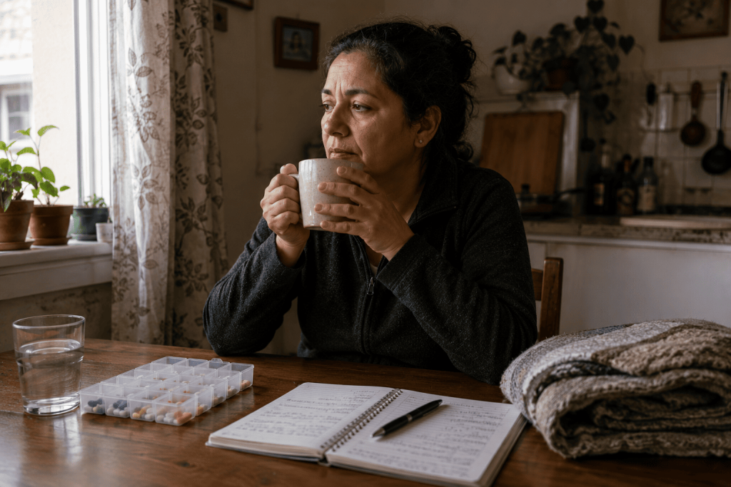 Persona cuidadora descansando con una taza de té junto a medicamentos y notas, representando el agotamiento del cuidador y el autocuidado sin culpa.