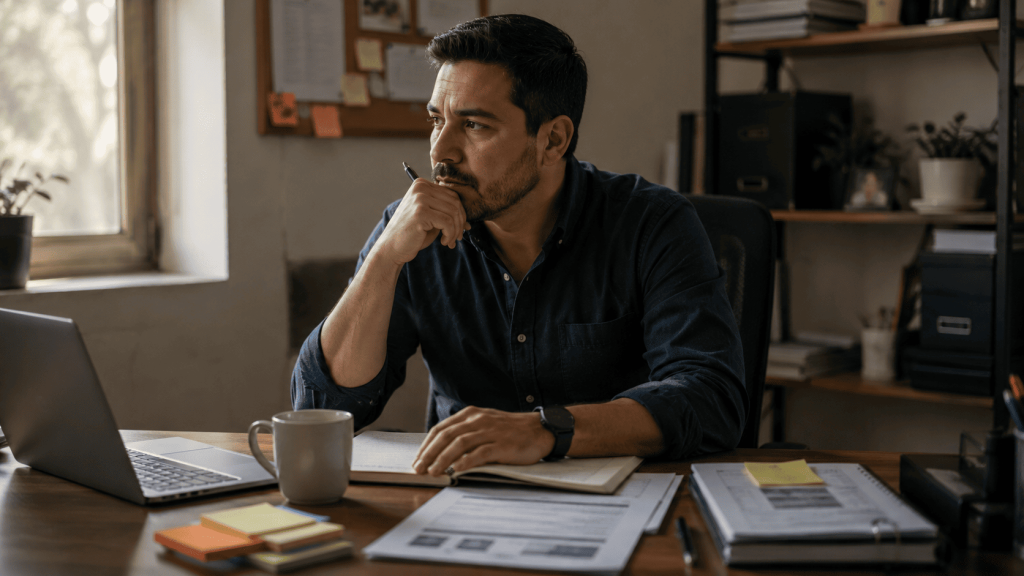 Jefe latinoamericano reflexionando en una oficina con documentos y café, representando el desgaste de liderar equipos sin herramientas claras.