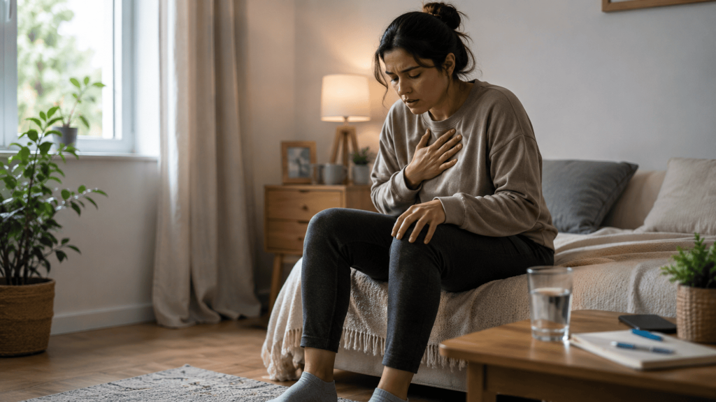 Persona latinoamericana sentada en casa durante una crisis de ansiedad, apoyando los pies en el suelo para calmar un ataque de pánico.