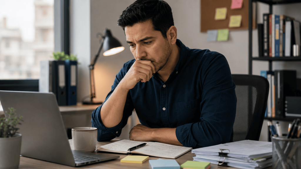 Profesional latinoamericano en oficina revisando su trabajo con expresión pensativa, representando el síndrome del impostor y la inseguridad laboral.