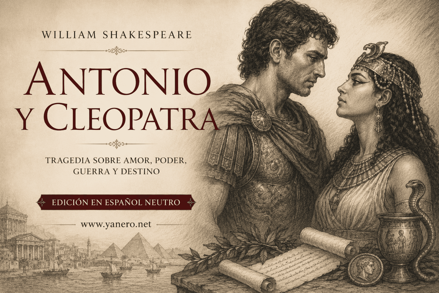 Imagen promocional del libro Antonio y Cleopatra de William Shakespeare en español neutro, tragedia clásica sobre amor, poder, guerra y destino.