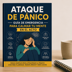 Portada del libro digital Ataque de Pánico: Guía de emergencia para calmar tu mente en el acto, sobre una mesa con fondo cálido, taza de café y cuaderno.
