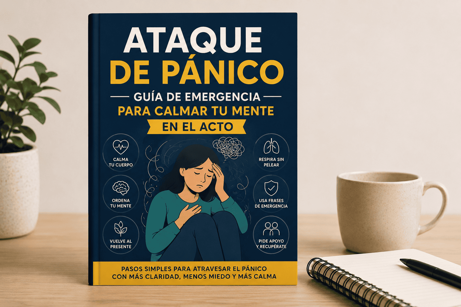 Portada del libro digital Ataque de Pánico: Guía de emergencia para calmar tu mente en el acto, sobre una mesa con fondo cálido, taza de café y cuaderno.