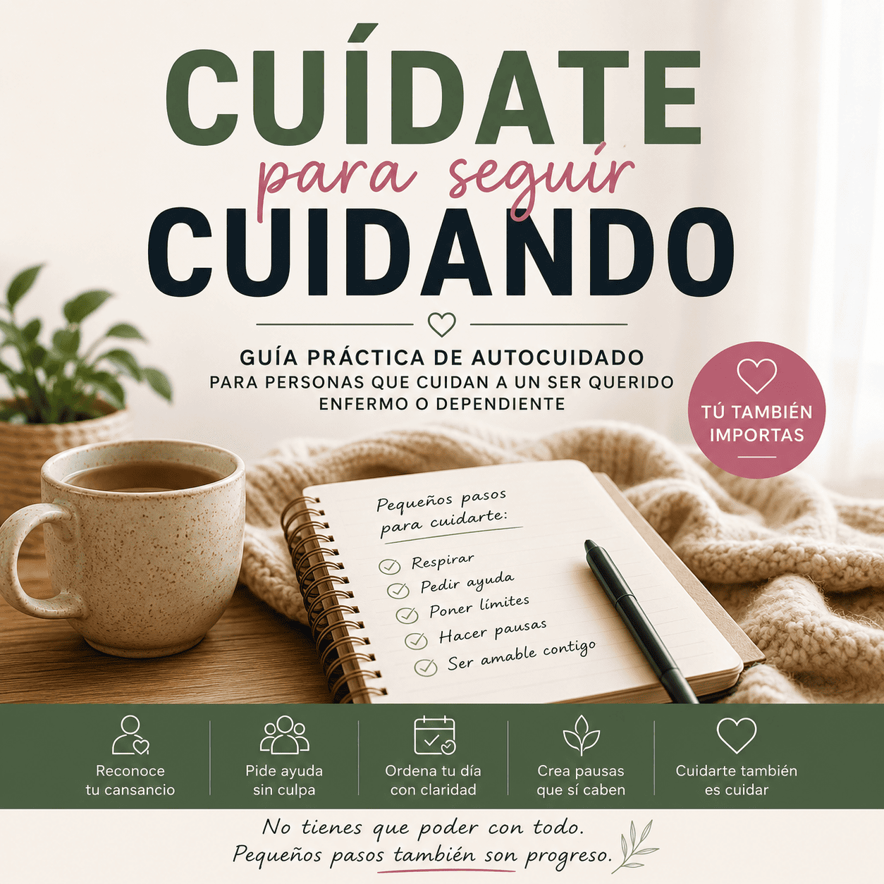 Imagen destacada del libro digital Cuídate para Seguir Cuidando, guía práctica de autocuidado para cuidadores familiares de personas enfermas o dependientes.