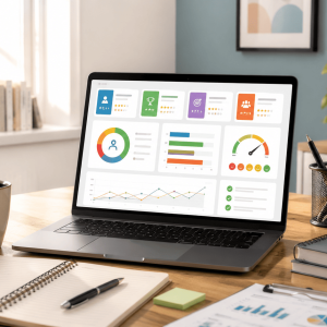 Notebook con dashboard de satisfacción laboral en Excel sobre escritorio moderno con café, cuaderno, plantas y documentos de trabajo