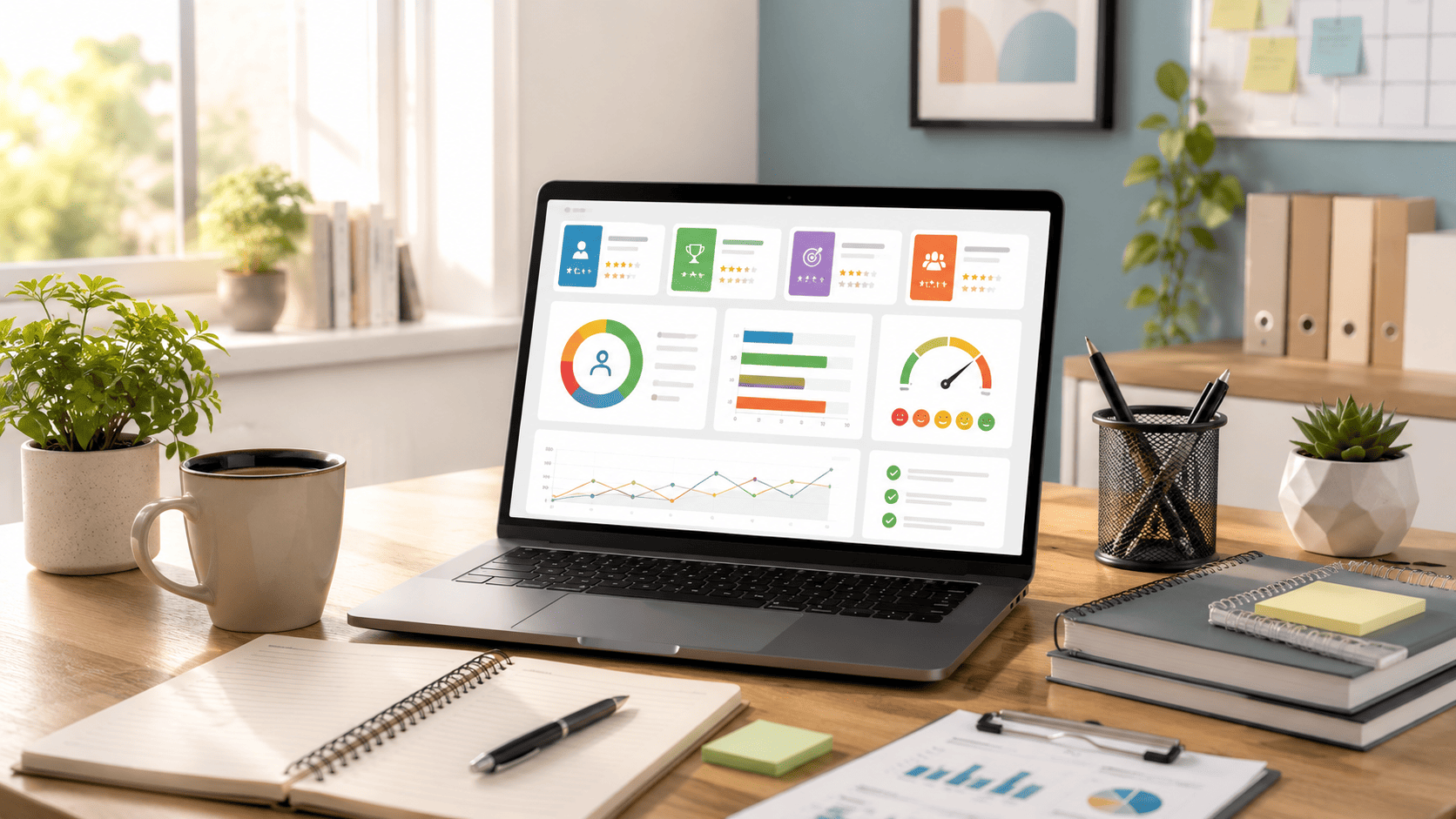 Notebook con dashboard de satisfacción laboral en Excel sobre escritorio moderno con café, cuaderno, plantas y documentos de trabajo