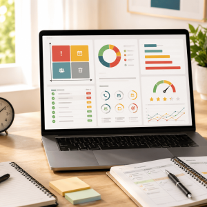 Notebook con dashboard de gestión del tiempo en Excel sobre escritorio organizado con reloj, café, planner, cuaderno y celular silenciado