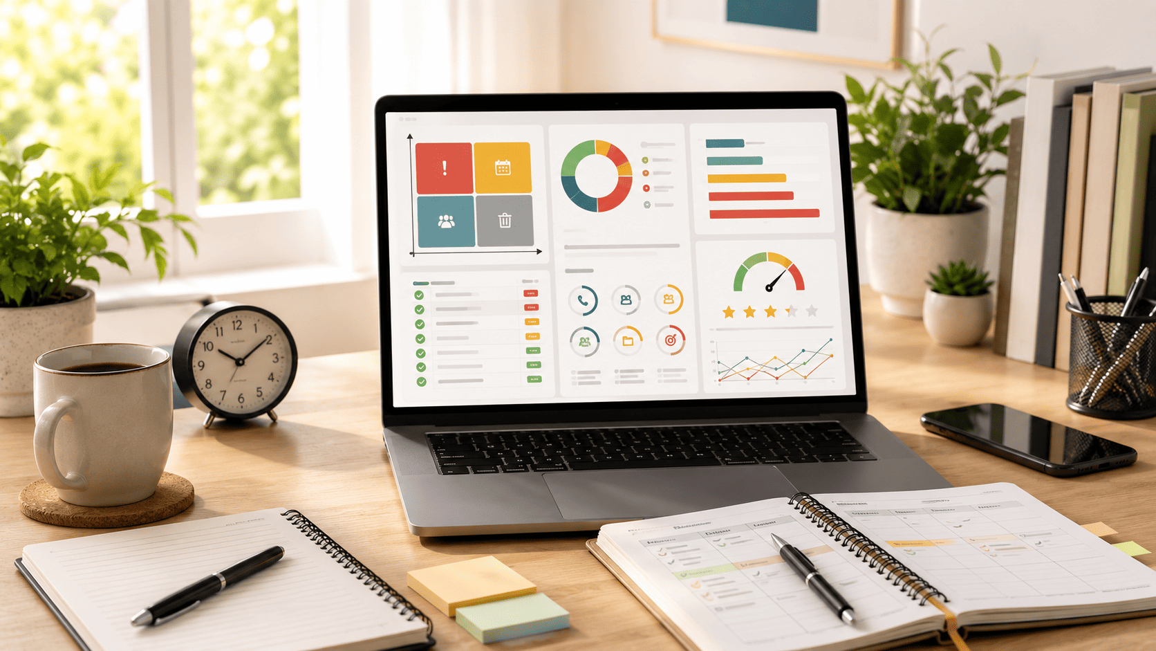 Notebook con dashboard de gestión del tiempo en Excel sobre escritorio organizado con reloj, café, planner, cuaderno y celular silenciado