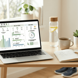 Notebook con dashboard de actividad física en Excel sobre escritorio luminoso con botella de agua, cuaderno, planta y elementos deportivos