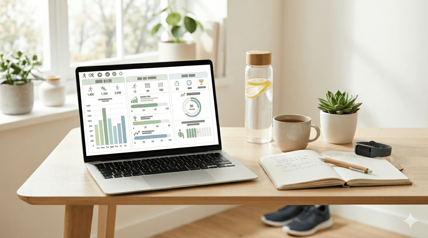 Notebook con dashboard de actividad física en Excel sobre escritorio luminoso con botella de agua, cuaderno, planta y elementos deportivos