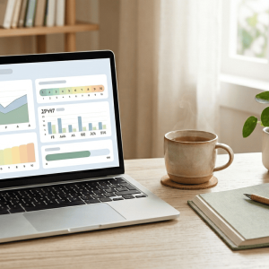 Notebook con dashboard de autoevaluación de ansiedad GAD-7 en Excel sobre escritorio cálido con café, cuaderno y planta