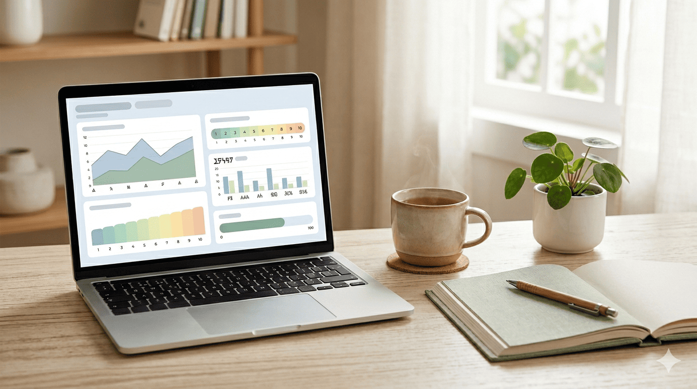 Notebook con dashboard de autoevaluación de ansiedad GAD-7 en Excel sobre escritorio cálido con café, cuaderno y planta
