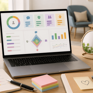 Notebook con dashboard de asertividad en Excel sobre escritorio luminoso con café, cuadernos, espejo, notas y espacio de conversación