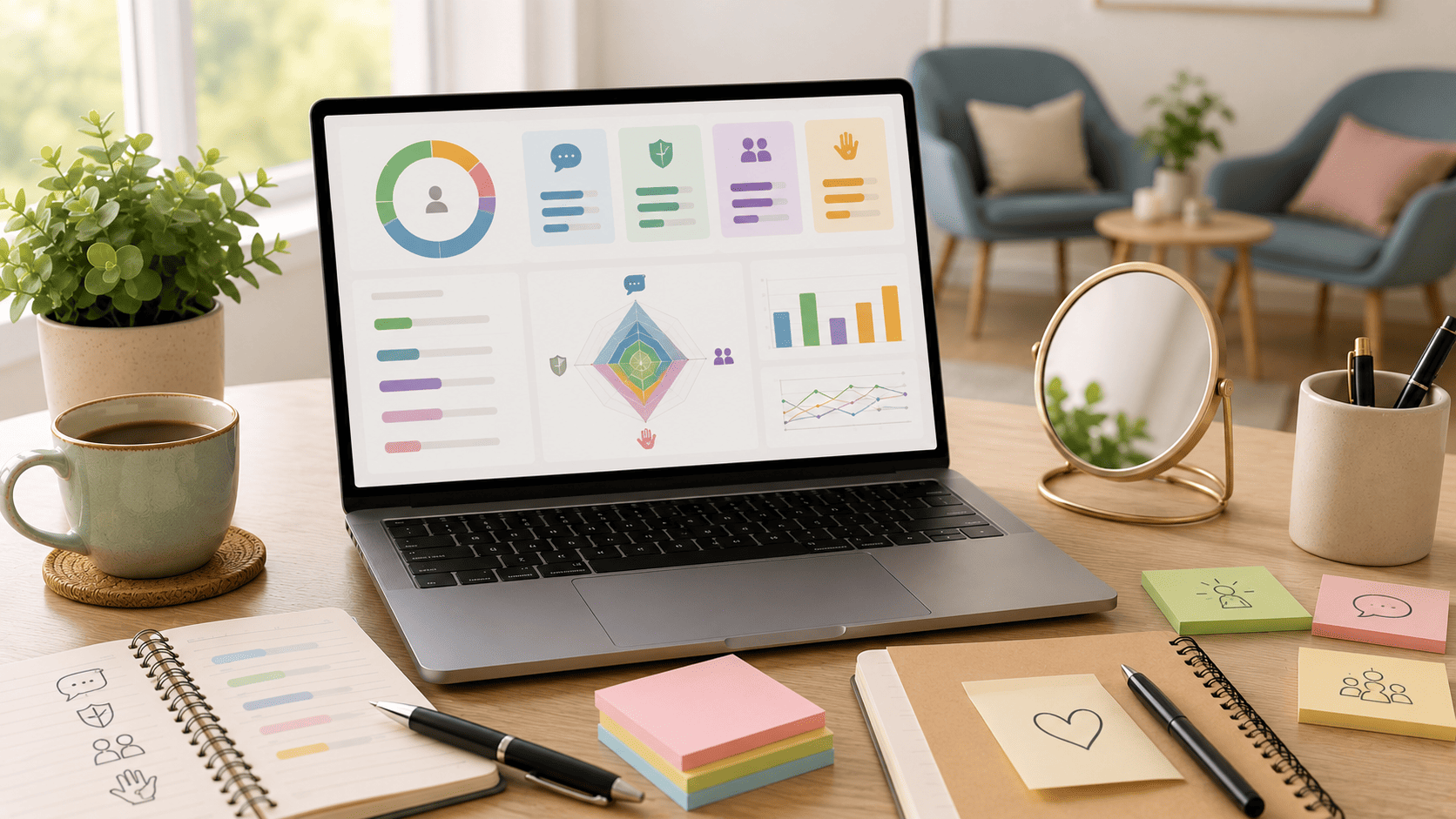 Notebook con dashboard de asertividad en Excel sobre escritorio luminoso con café, cuadernos, espejo, notas y espacio de conversación