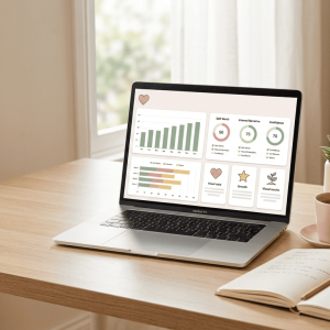 Notebook con dashboard de autoestima en Excel sobre escritorio cálido con café, cuaderno, planta y espejo pequeño