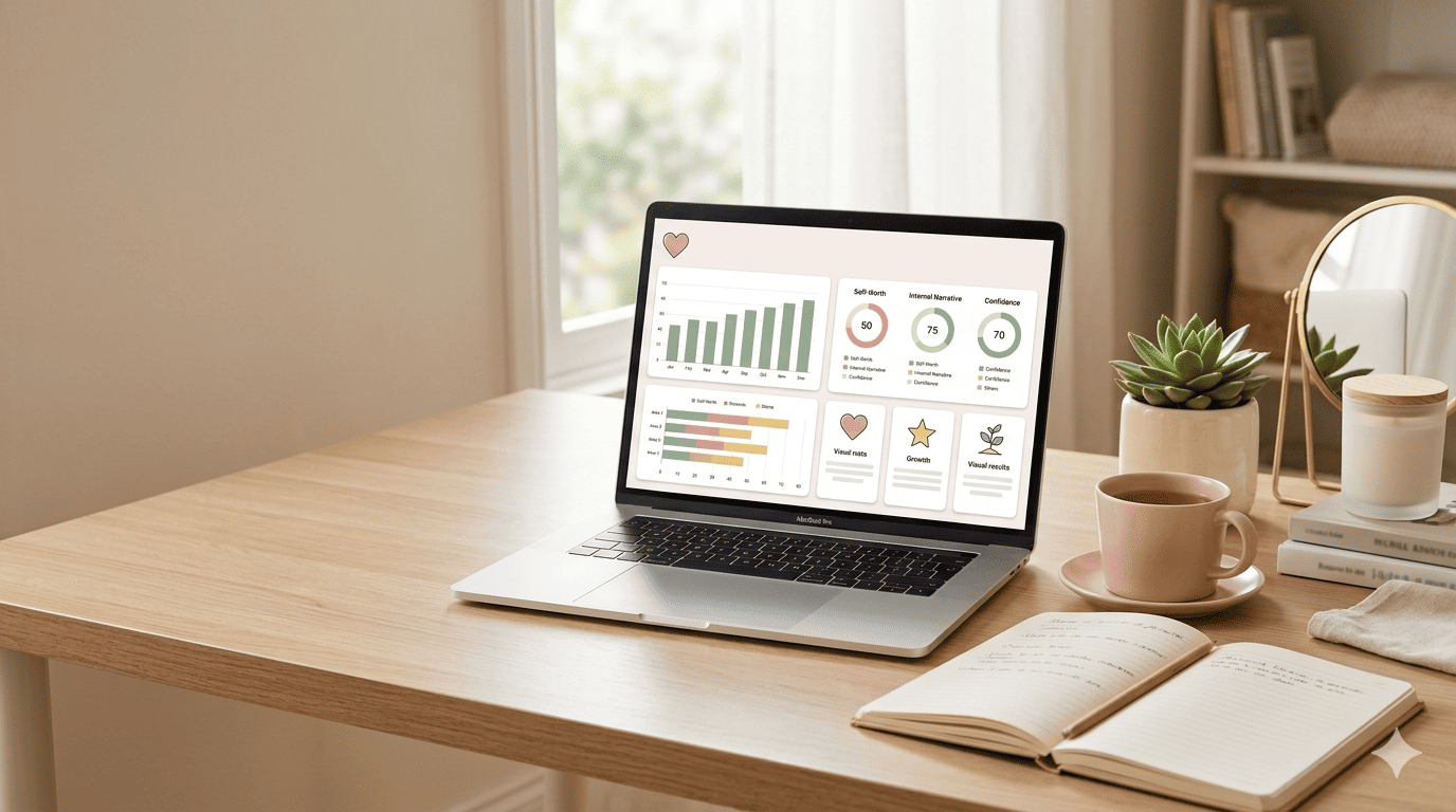 Notebook con dashboard de autoestima en Excel sobre escritorio cálido con café, cuaderno, planta y espejo pequeño