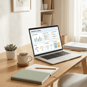 Notebook con dashboard de burnout laboral en Excel sobre escritorio de oficina con café, cuaderno, documentos y planta