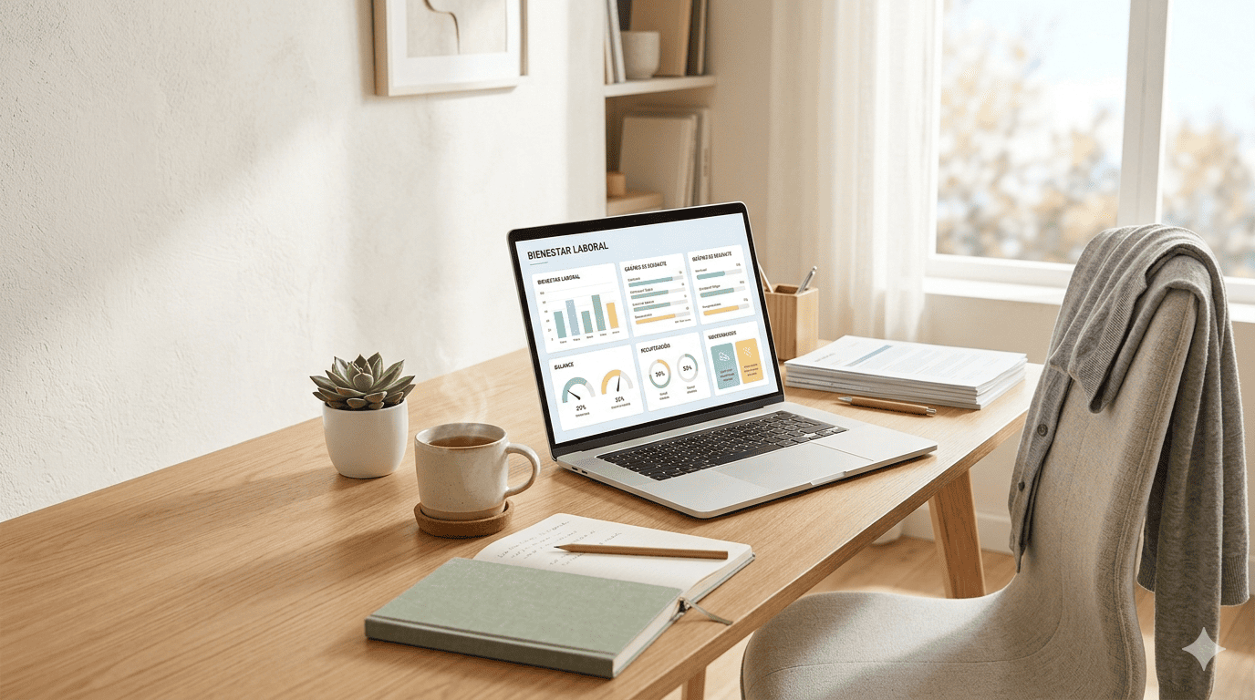 Notebook con dashboard de burnout laboral en Excel sobre escritorio de oficina con café, cuaderno, documentos y planta