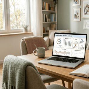 Notebook con dashboard de calidad de pareja en Excel sobre mesa acogedora con dos tazas de café, cuaderno, planta y luz cálida