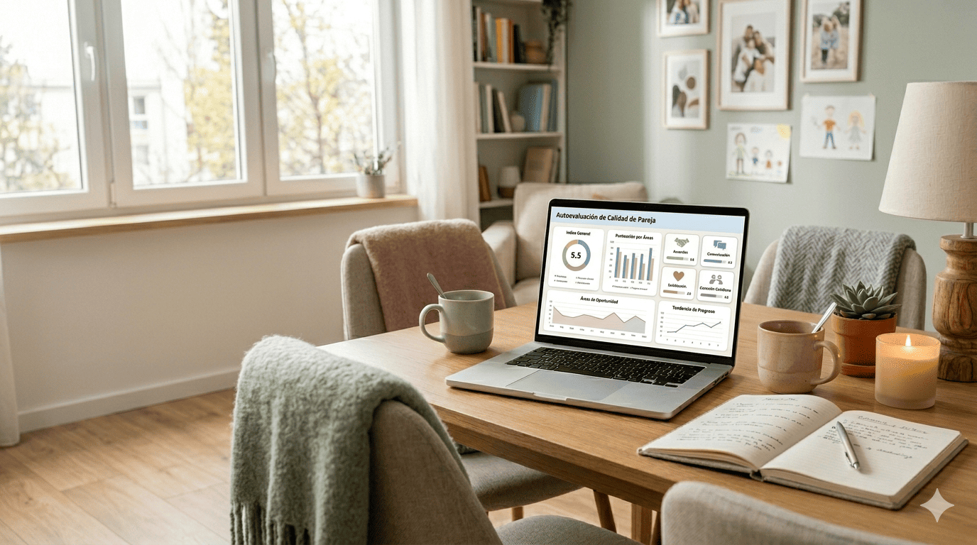 Notebook con dashboard de calidad de pareja en Excel sobre mesa acogedora con dos tazas de café, cuaderno, planta y luz cálida