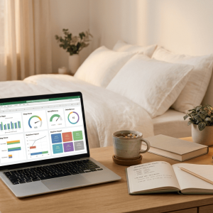 Notebook con dashboard de calidad del sueño en Excel sobre velador cálido con té, cuaderno, lámpara y planta