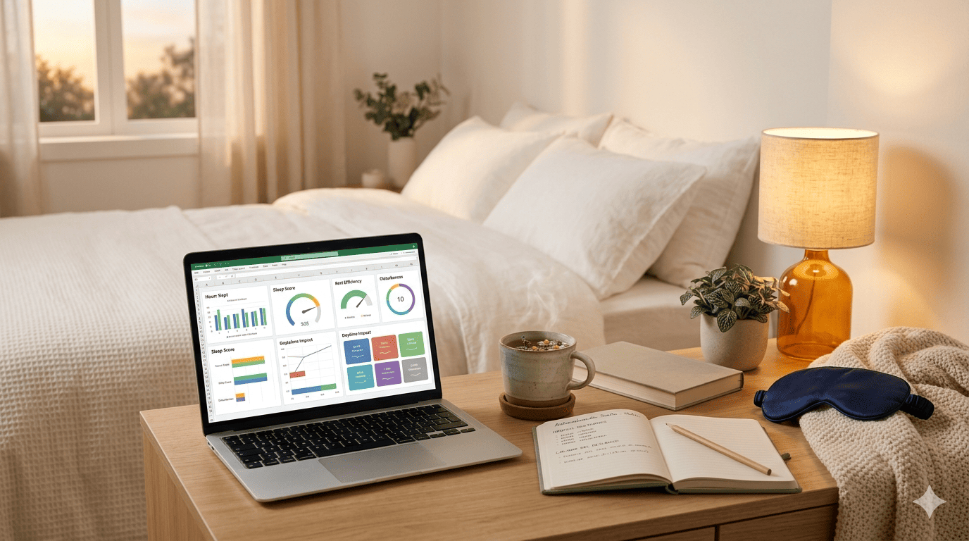 Notebook con dashboard de calidad del sueño en Excel sobre velador cálido con té, cuaderno, lámpara y planta