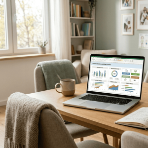 Notebook con dashboard de clima familiar en Excel sobre mesa familiar en hogar cálido con cuaderno, café, planta y luz natural