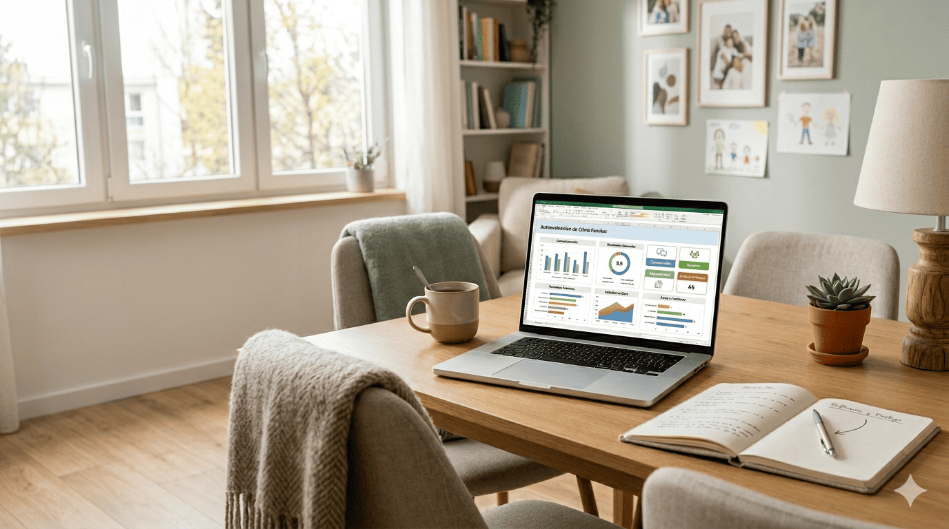 Notebook con dashboard de clima familiar en Excel sobre mesa familiar en hogar cálido con cuaderno, café, planta y luz natural