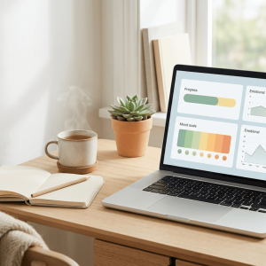 Notebook con dashboard de autoevaluación de síntomas depresivos PHQ-9 en Excel sobre escritorio cálido con café, cuaderno y planta