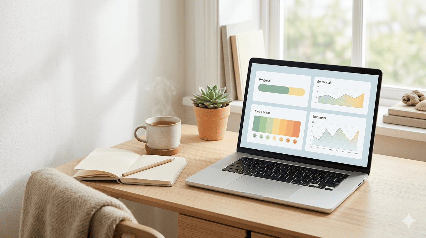 Notebook con dashboard de autoevaluación de síntomas depresivos PHQ-9 en Excel sobre escritorio cálido con café, cuaderno y planta