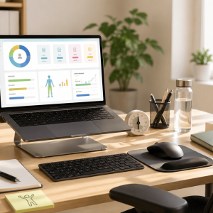 Notebook con dashboard de ergonomía postural en Excel sobre escritorio ergonómico con silla, teclado, mouse, agua, planta y luz natural