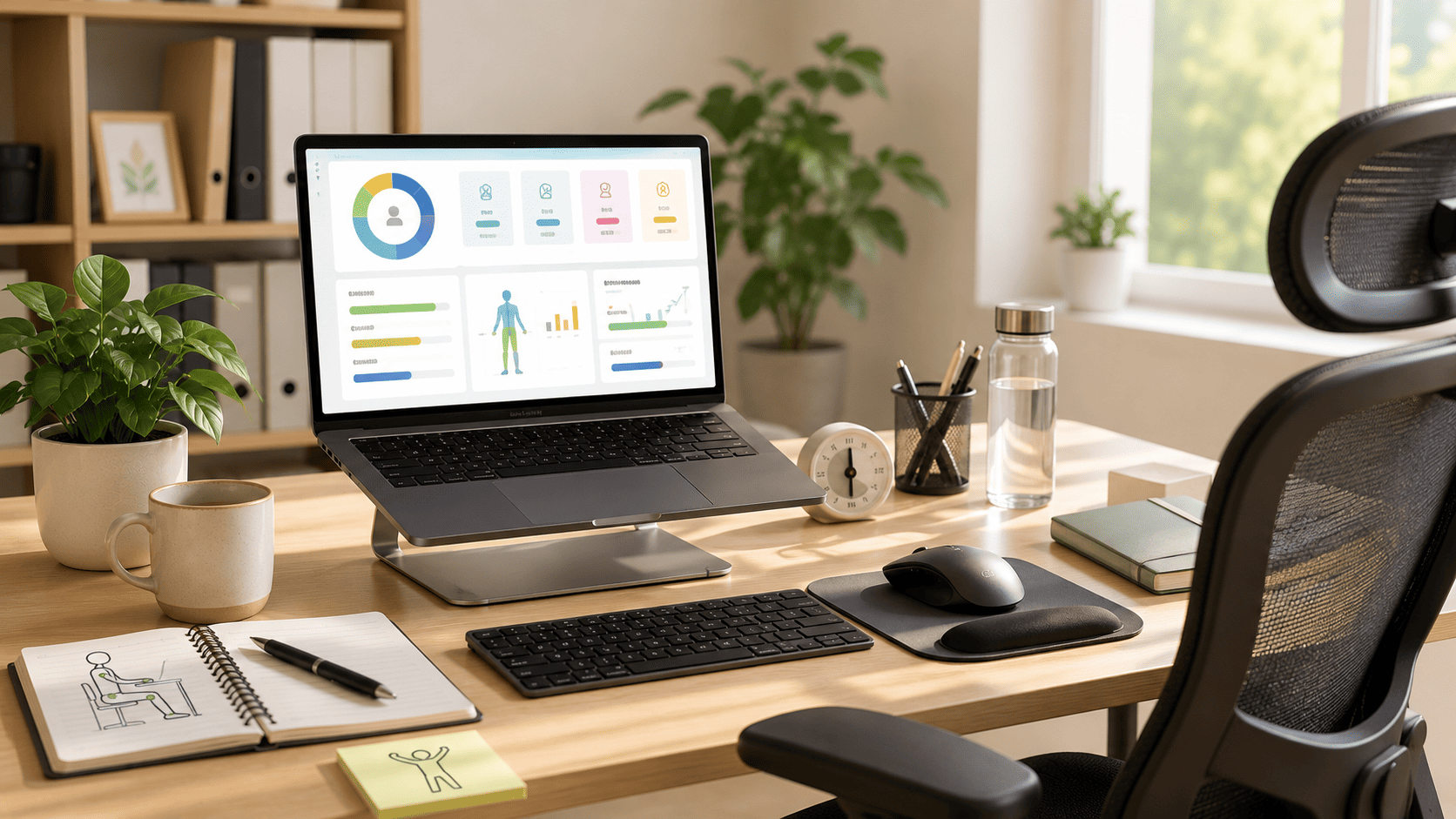 Notebook con dashboard de ergonomía postural en Excel sobre escritorio ergonómico con silla, teclado, mouse, agua, planta y luz natural