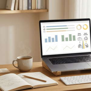 Notebook con dashboard de estrés personal y laboral en Excel sobre escritorio ordenado con café, cuaderno, notas y planta