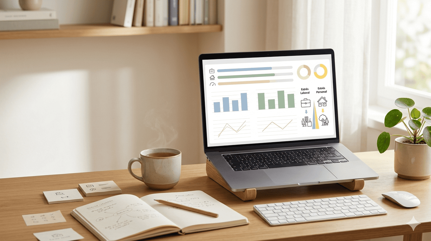 Notebook con dashboard de estrés personal y laboral en Excel sobre escritorio ordenado con café, cuaderno, notas y planta