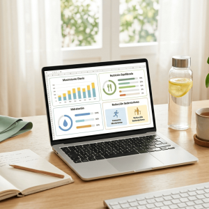 Notebook con dashboard de hábitos saludables en Excel sobre escritorio con agua, fruta, cuaderno, planta y elementos de ejercicio