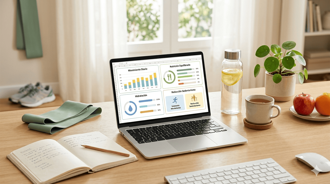 Notebook con dashboard de hábitos saludables en Excel sobre escritorio con agua, fruta, cuaderno, planta y elementos de ejercicio
