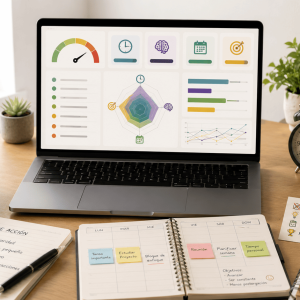 Notebook con dashboard de procrastinación en Excel sobre escritorio organizado con café, planner, reloj, celular silenciado y cuaderno de acción