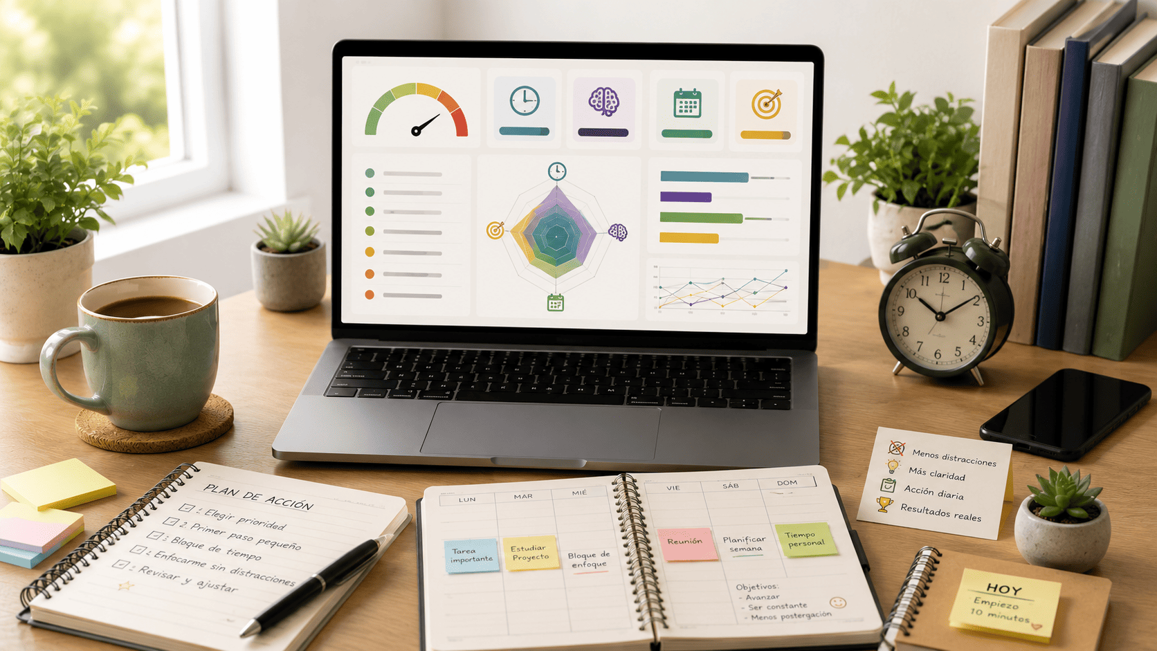 Notebook con dashboard de procrastinación en Excel sobre escritorio organizado con café, planner, reloj, celular silenciado y cuaderno de acción