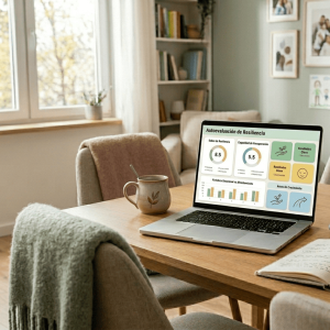 Notebook con dashboard de resiliencia en Excel sobre escritorio luminoso con café, cuaderno, planta y elementos de estabilidad emocional