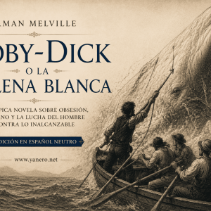 Portada promocional del libro Moby-Dick o la ballena blanca de Herman Melville en español neutro, con una escena marítima de la persecución de la ballena blanca.
