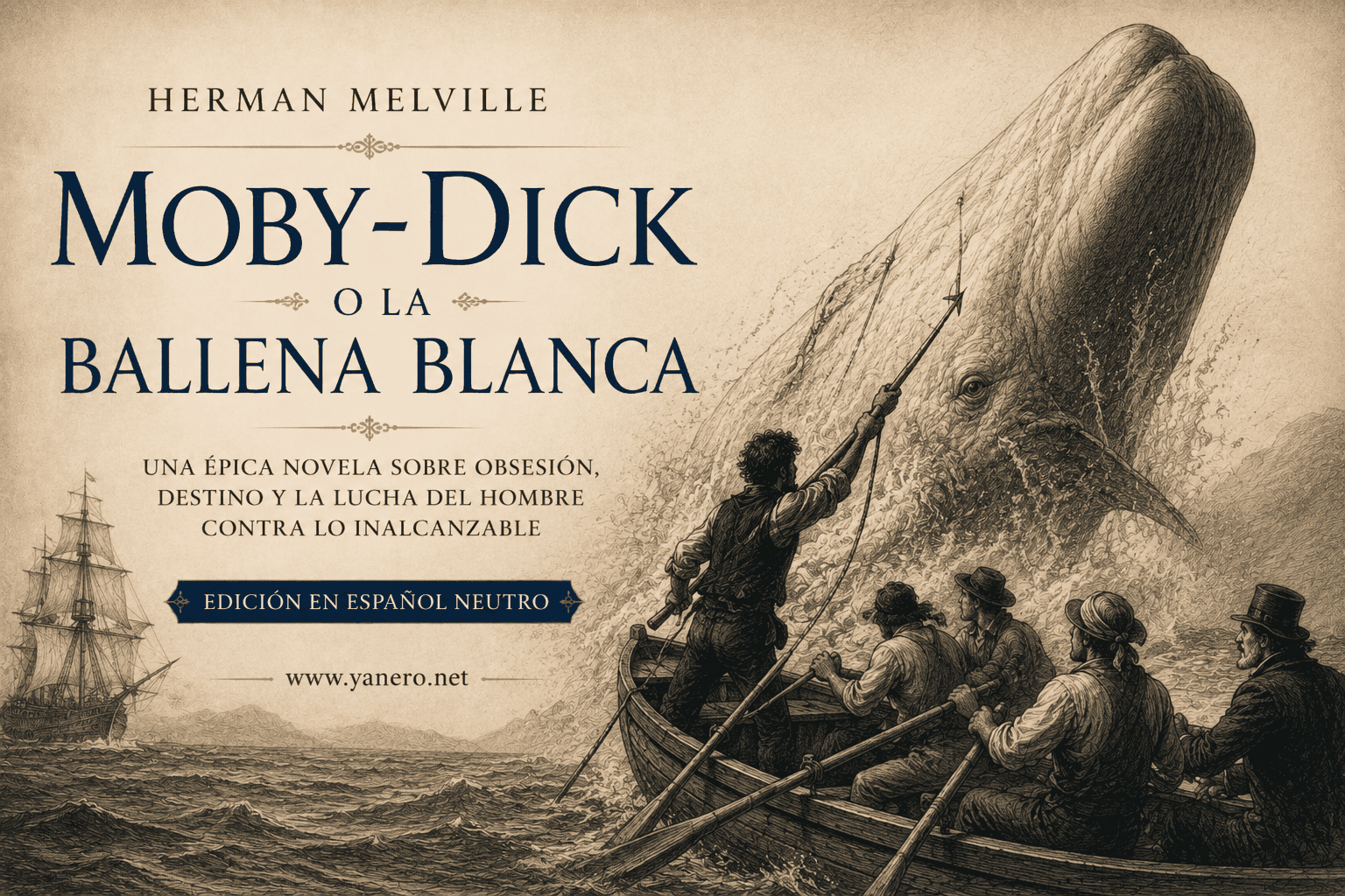 Portada promocional del libro Moby-Dick o la ballena blanca de Herman Melville en español neutro, con una escena marítima de la persecución de la ballena blanca.