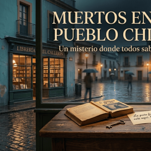 Portada de Muertos en el pueblo chico, novela cozy mystery ambientada en una librería de pueblo pequeño con lluvia, café, libro antiguo y misterio.