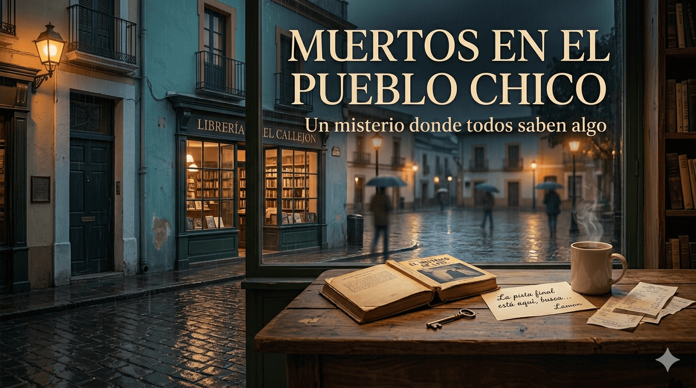 Portada de Muertos en el pueblo chico, novela cozy mystery ambientada en una librería de pueblo pequeño con lluvia, café, libro antiguo y misterio.