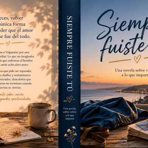 Portada horizontal de la novela romántica Siempre fuiste tú, con una mesa junto a una ventana, una chaqueta azul, cartas y luz de atardecer.
