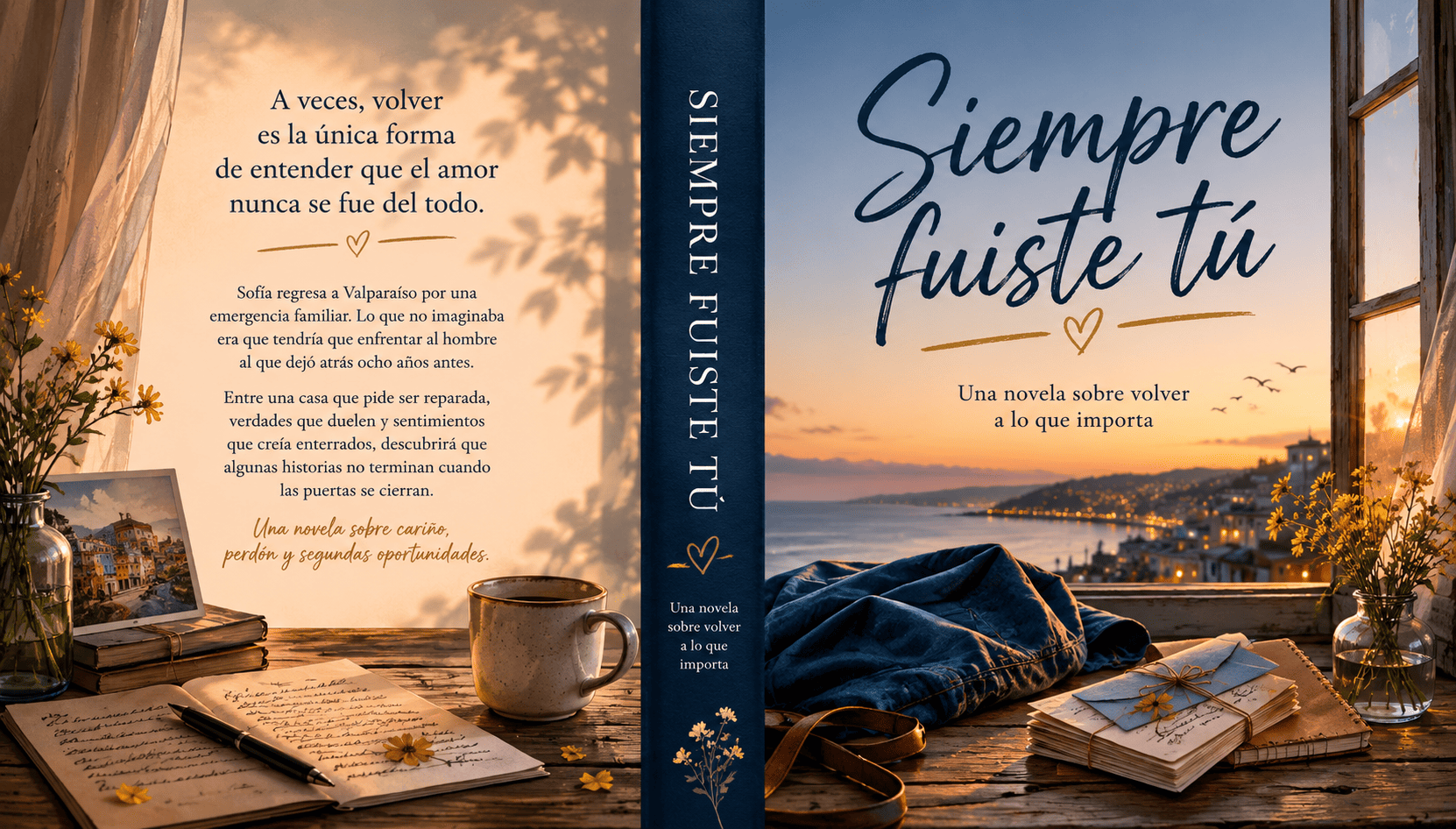 Portada horizontal de la novela romántica Siempre fuiste tú, con una mesa junto a una ventana, una chaqueta azul, cartas y luz de atardecer.